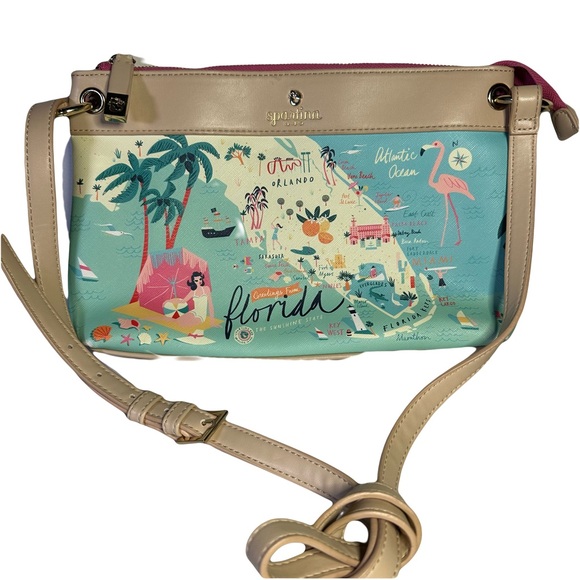 Spartina 449 Florida Map Crossbody Bag - Tan and Blue - Picture 2 of 6